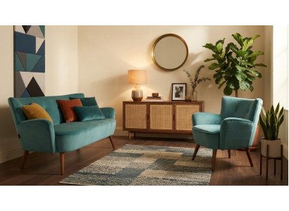 Sofa Sessel Blau Stoff Polstergruppe Holzbeine Retro Design Wohnzimmer