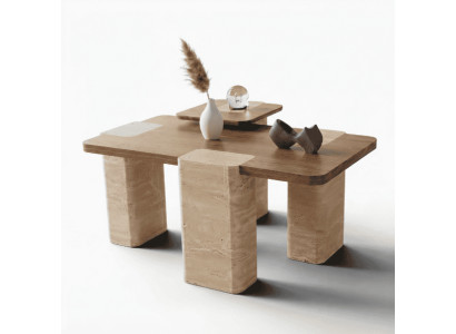 Design Couchtisch Beige Braun Steinoptik Holzplatte Wohnzimmer
