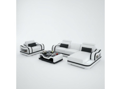 Ledersofa Couch Wohnlandschaft Ecksofa + Sessel Eck Garnitur Modern G8030E