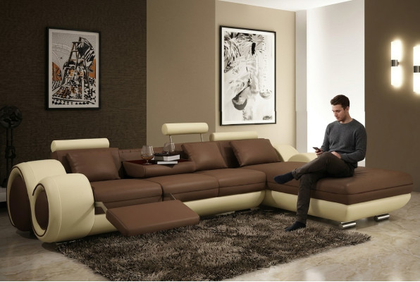 Ecksofa Wohnlandschaft Couch Ledersofa Sofa Polster Garnitur Ecke - Grau-Weiß