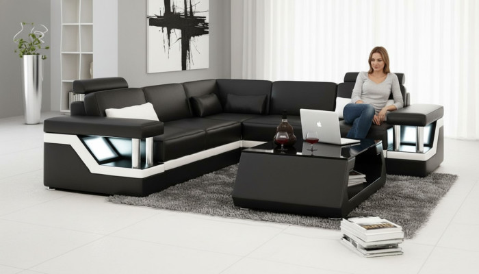 LEDERSOFA XXL GARNITUR WOHNLANDSCHAFT ECKCOUCH LEDER ECKSOFA SCHWARZ / WEIß