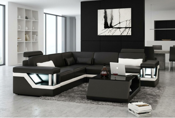 LEDERSOFA XXL GARNITUR WOHNLANDSCHAFT ECKCOUCH LEDER ECKSOFA SCHWARZ / WEIß