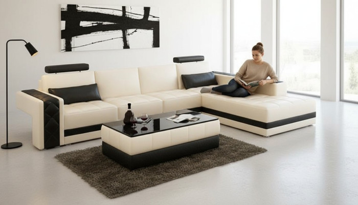Ledersofa Couch Wohnlandschaft Ecksofa L-Form Garnitur Design Modern
