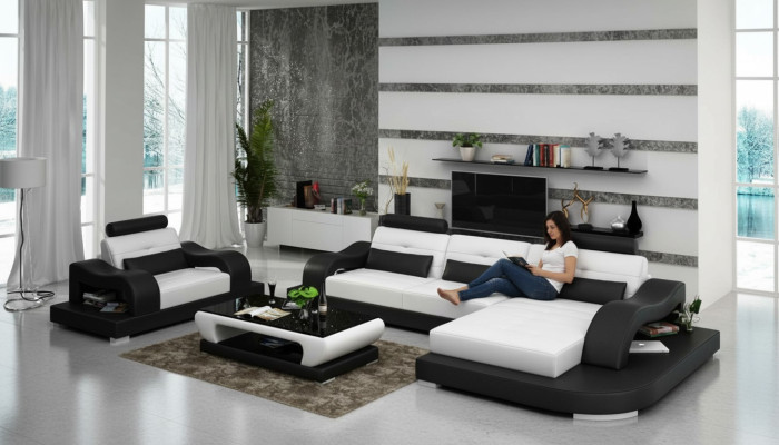 Ledersofa Couch Wohnlandschaft Ecksofa Eck Sessel Design Modern Sofa G8005E