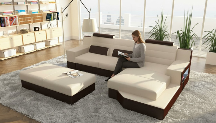 Designer Ecksofa Leder Textil Polster Garnitur Sofa Couch Wohnlandschaft