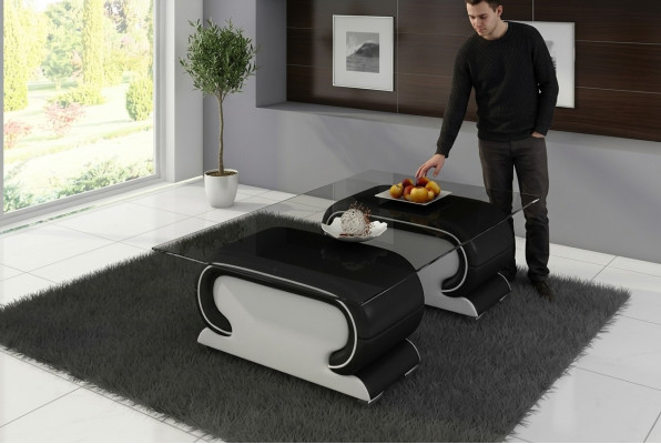 Designer Glastisch Tisch Polster Leder Tisch Couch Sofa Ledertische