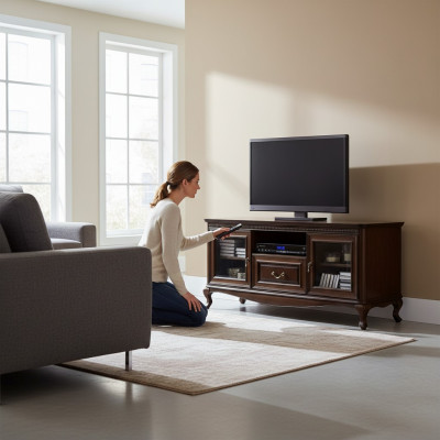 Ein eleganter Multimedia-Ständer für Fernseher und Mediengeräte im Stil einer modernen, minimalistischen Ästhetik