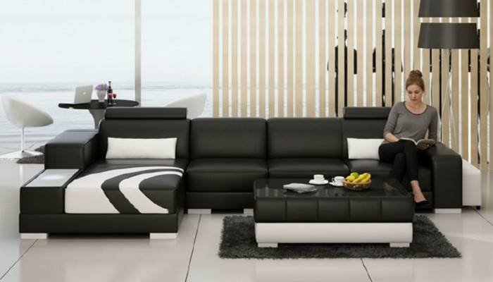 Sofa Couch Wohnlandschaft XXL Couch Ledersofa mit Ottomane Sofagarnitur V015