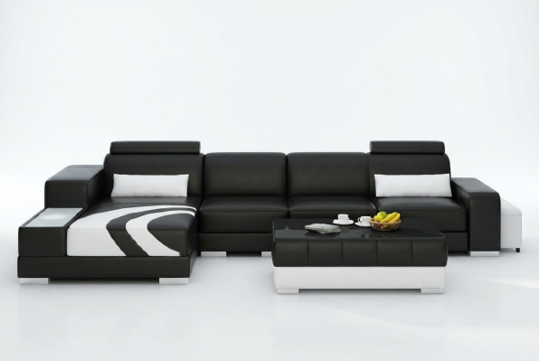 Sofa Couch Wohnlandschaft XXL Couch Ledersofa mit Ottomane Sofagarnitur V015