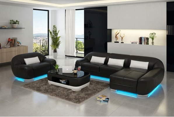 Ledersofa Couch Wohnlandschaft Ecksofa + Sessel Eck Garnitur Design