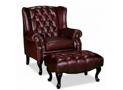 Chesterfield Ohrensessel + Hocker Sessel Couch Polster Set Leder Textil 16101330