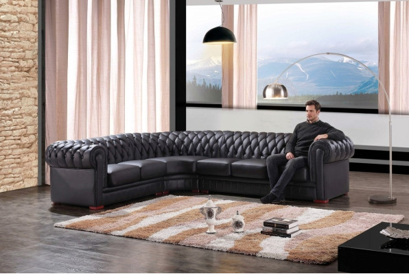 Chesterfield Ecksofa Eckcouch Designer Sofa Schwarz Couch 100% Leder Sofort