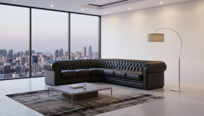 Chesterfield Ecksofa Eckcouch Designer Sofa Schwarz Couch 100% Leder Sofort