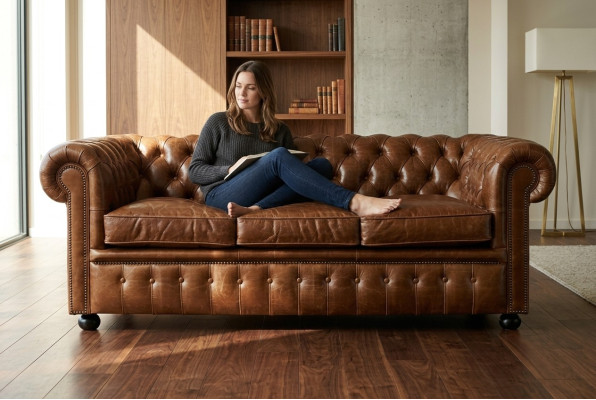 Brauner Leder Chesterfield Dreisitzer Luxus 3-er Wohnzimmer Couch
