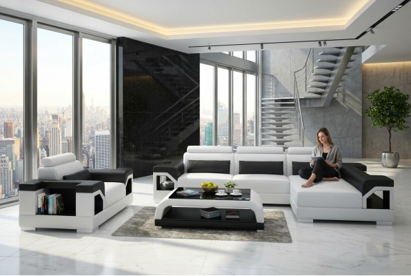 Ledersofa Wohnlandschaft Ecksofa + Sessel Eck Garnitur Design Modern
