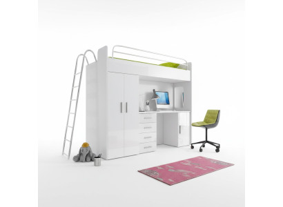 DOPPELSTOCKBETT STOCKBETT ETAGENBETT MIT SCHREIBTISCH+KLEIDERSCHRANK-RAJ 4D WEIß