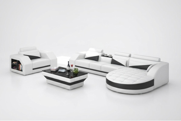 Ledersofa Couch Wohnlandschaft Ecksofa + Sessel Garnitur Design Sofa G8018E