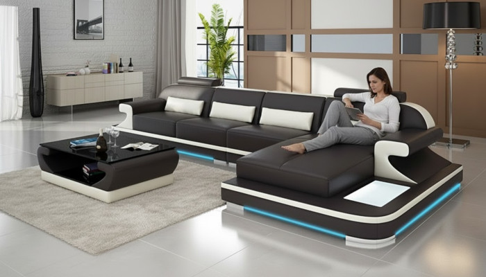 Ledersofa Couch Wohnlandschaft Ecksofa Eck Garnitur Design Modern Sofa G8021C