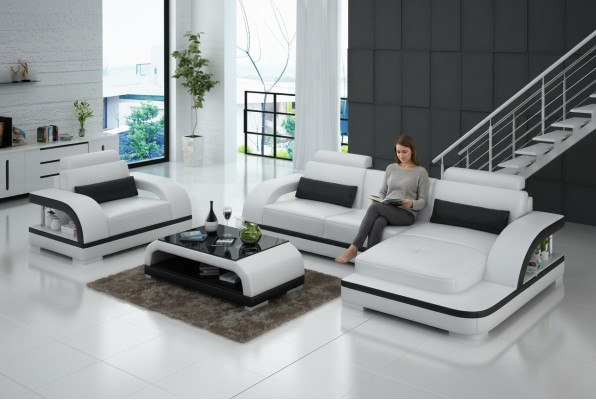 Ledersofa Couch Wohnlandschaft Ecksofa + 1Sitzer Garnitur Modern Sofa G8011E