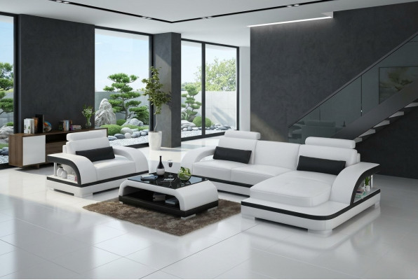 Ledersofa Couch Wohnlandschaft Ecksofa + 1Sitzer Garnitur Modern Sofa G8011E
