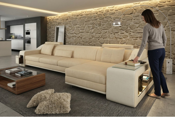 Design Ecksofa Sofa Couch Polster Sitz Eck Garnitur Sofas Leder Textil Themar BW