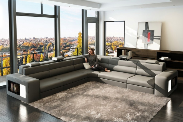Ledersofa Sofa Couch Ecksofa Sitz Polster Wohnlandschaft XXL Big Weiden Grau