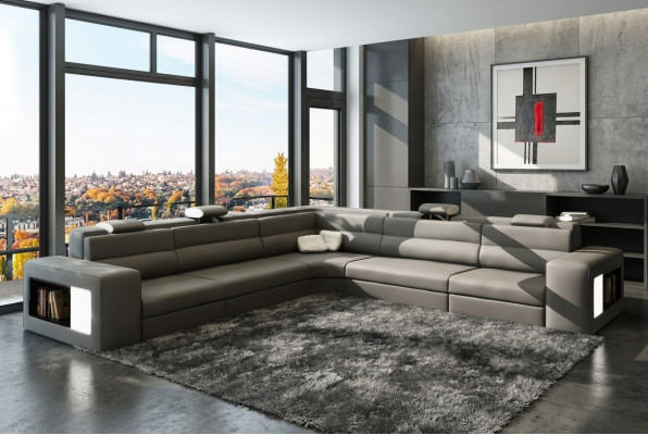 Ledersofa Sofa Couch Ecksofa Sitz Polster Wohnlandschaft XXL Big Weiden Grau