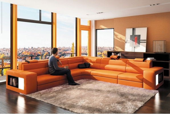 Ledersofa Sofa Couch Ecksofa Sitz Polster Wohnlandschaft XXL Big Weiden Orange