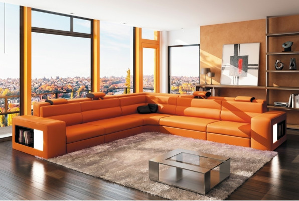 Ledersofa Sofa Couch Ecksofa Sitz Polster Wohnlandschaft XXL Big Weiden Orange