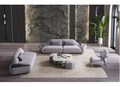 Luxuriöse Graue Posltergarnitur 4-Sitzer Dreisitzer Textil Sessel 3tlg