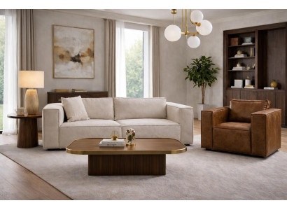 Stilvoller Beiger 3-Sitzer Brauner Ledersessel Wohnzimmer 2tlg Set