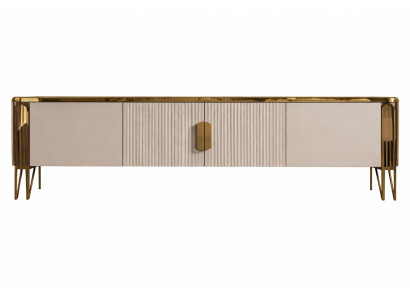 Elegantes TV-Lowboard in Beige mit goldenen Akzenten und Designfront