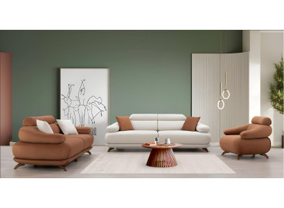 Braun-Weiße Couchgarnitur Polstermöbel 3-Sitzer Sofas Sessel 3tlg
