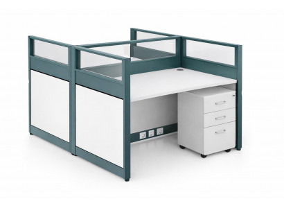 Modulares Büroarbeitsplatzsystem mit Glasrahmen und Rollcontainer