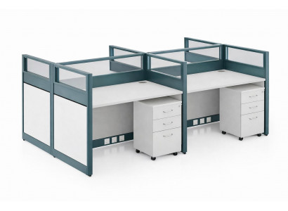 Doppelarbeitsplatz Büro System mit Glasaufsatz und Rollcontainer