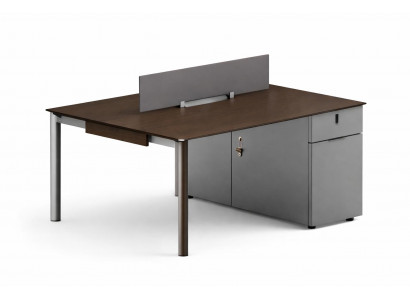 Moderner Bürotisch mit Holzplatte und Trennwand für effiziente Arbeit