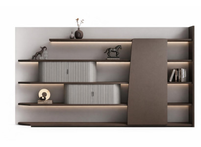 Moderner Büroschrank mit LED-Beleuchtung und eleganten Holzregalen