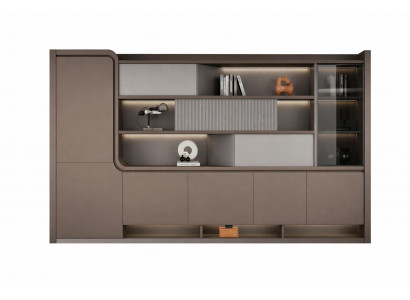 Modularer Büroschrank mit eleganter LED-Beleuchtung und Glasregal