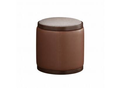 Eleganter runder Leder-Pouf mit grauem Kissen und dunklem Rand