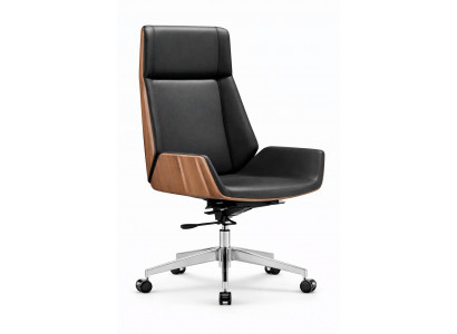 Eleganter Chefsessel Schwarz mit Holzseiten und Metallgestell