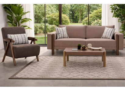 Beiges Wohnzimmer Set Polster 3-Sitzer Edler Sessel Holz Couchtisch