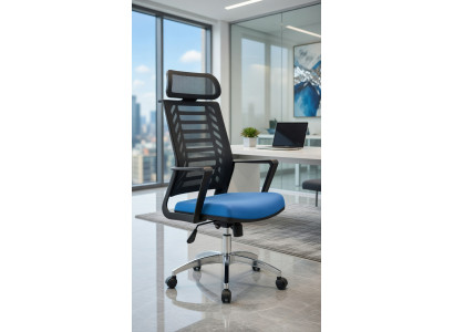 Moderner Bürostuhl mit Netzgewebe und Kunstleder in Blau und Schwarz