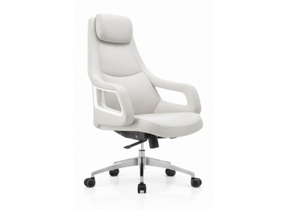 Ergonomischer Chefsessel mit weißem Lederbezug und Aluminiumgestell