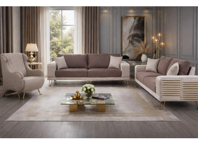 Elegantes Beiges Wohnzimmer Polster-Set 2x Edle 3-Sitzer Textilsessel