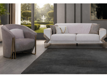 Grau-Beiges Sofa Set Designer Polster 3-Sitzer Textilsessel 2tlg