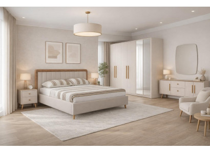 Stilvolles Schlafzimmer-Set weiches Bett großer Kleiderschrank Konsole