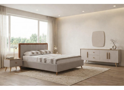 Elegantes weißes Schlafzimmer-Set Doppelbett  Holzkonsole Spiegel 3 tlg