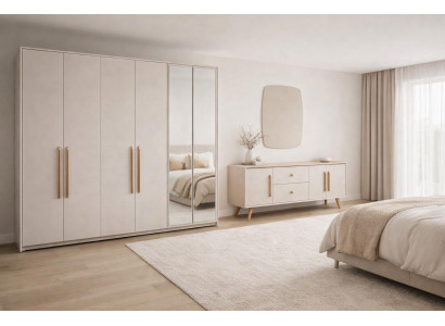 Luxuriöses Schlafzimmer-Set großer Kleiderschrank weiße Holzkonsole Spiegel