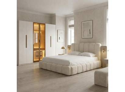 Elegantes beiges Schlafzimmer-Set Doppelbett  großer Kleiderschrank luxuriös