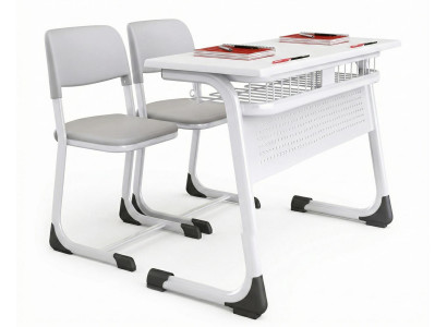 Modernes Schulmöbel Set mit stabiler Schulbank und grauen Stühlen
